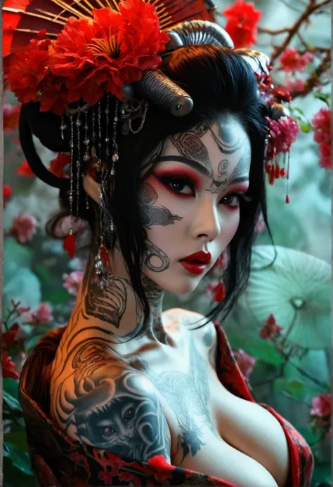 Stunningly gorgeous beautiful perfect hr giger inspired inspired tattooed sexy seductive Geisha lulu , perfect face, hyper detailed vibrant eyes, large breasts, full body view, nude, no color black and gray only, show complete body,