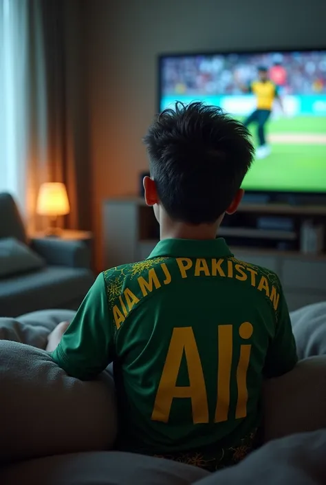 A teenager wearing Pakistan cricket shirt and ALI is written on it watching tv