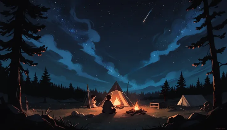 A nighttime camping scene, with a lit campfire and tree silhouettes against a starry sky. In the background, the silhouette of a mysterious figure hides in the shadows.