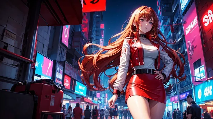 2d anime style, a beautiful woman with long curly brown, wearing a red miniskirt, white top and black leather jacket is in front of a dance club that shines in neon on its facade the name "Technoir", night of a city in the 80s, lighting of streetlights and...