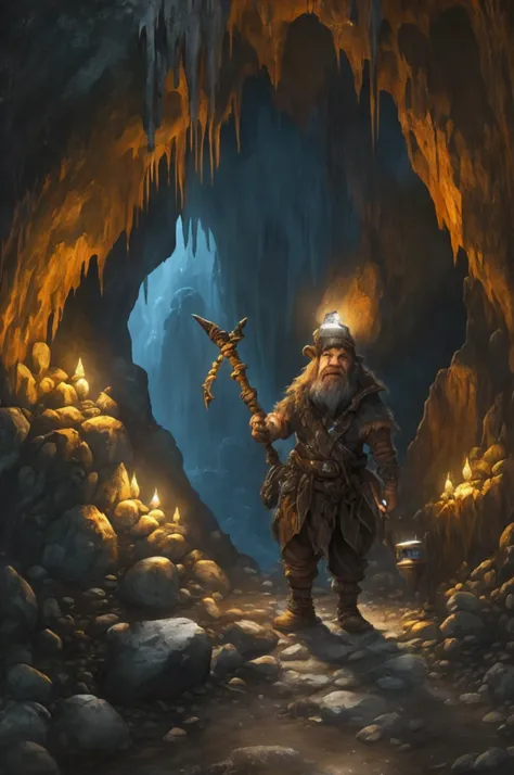 bokeh, A dwarf lights up a stony place with his headlamp. A (rugged dwarf) discovers a marvelous rough gem from the rocky walls as he trys to dig it out with his trusty pickaxe. His simple digger armor protects him. The gem glows brilliantly in the darknes...