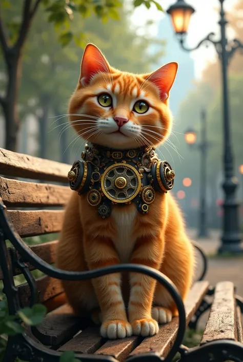 steampunk ginger cat sitting on a bench in a park