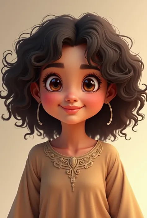 A realistic chubby arab girl with curly hair 