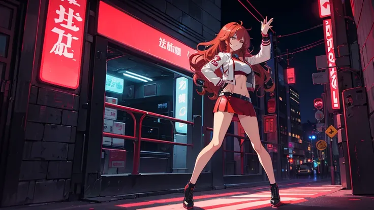 2d anime style, a beautiful woman with long curly brown, wearing a red miniskirt, white top and black leather jacket is in front of a dance club that shines in neon on its facade the name "Technoir", fullbody shot, night of a city in the 80s, lighting of s...