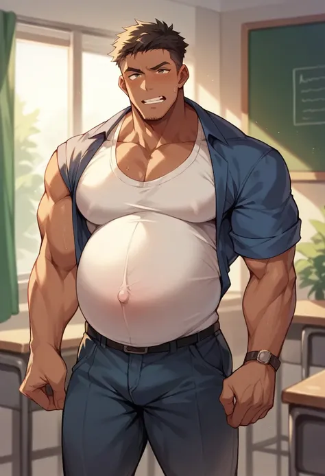 Pregnant tanned, muscular, big-cocked male teacher