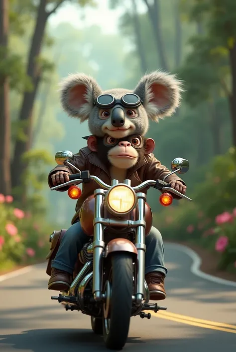 Koala behind a monkey on a motorcycle