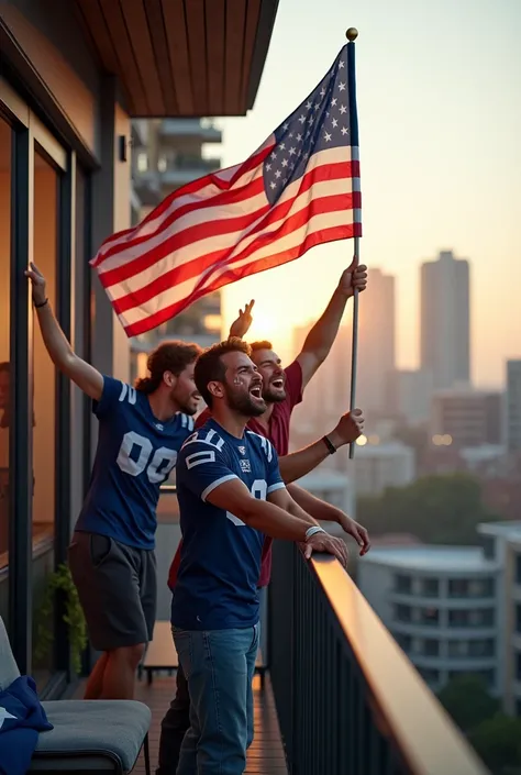 (photorealistic) American football fans with a flag on the balcony of an apartment