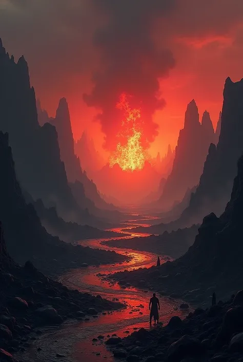 Image of the underworld, with shadows and fire on the horizon