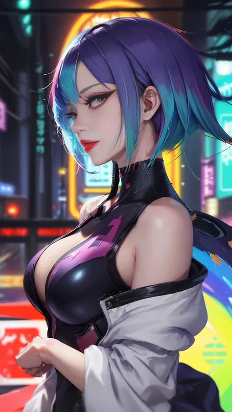 (masterpiece, best quality:1.3), Lucy, 1 girl, (colorful hair:1.4), Lucy (cyberpunk), cyberpunk,( bare shoulders:0.8), (Smile:0.6), looking at the audience, focus only, Bangs, red lips, , red eyeliner, elder sister, Colorful head profile:0.6),