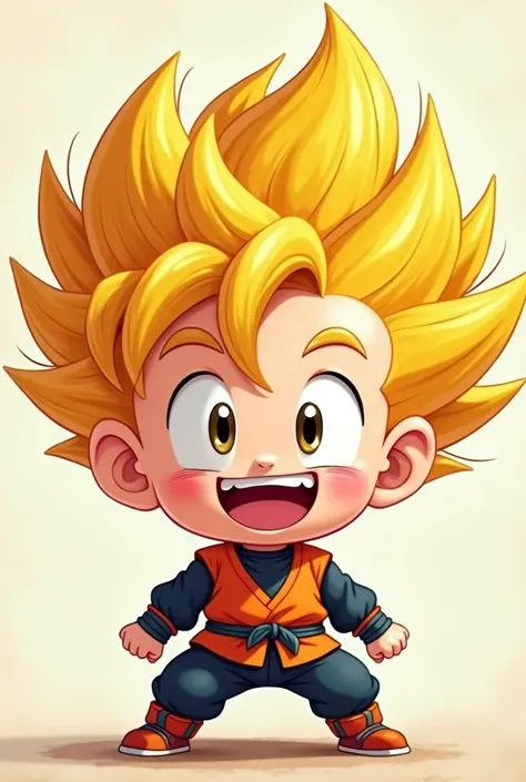 Make me a Goku Anime style boy character that has big eyes, big round head, yellow hair, that he is smiling . that he looks straight ahead