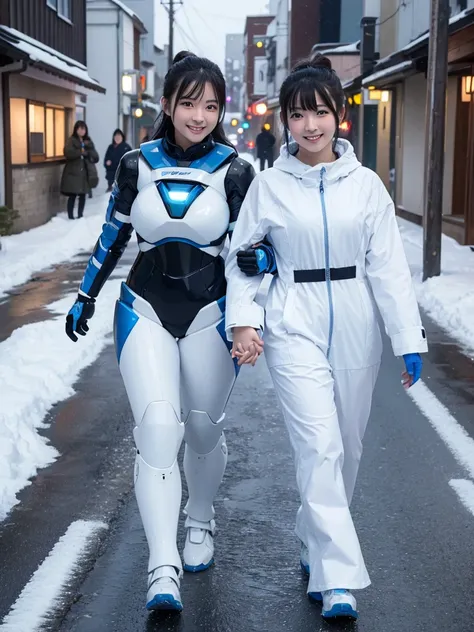 Japanese female android sisters,Black Hair,White and blue robot suit,Plump,Walking down a rural street in a snowstorm,Close-up,smile,