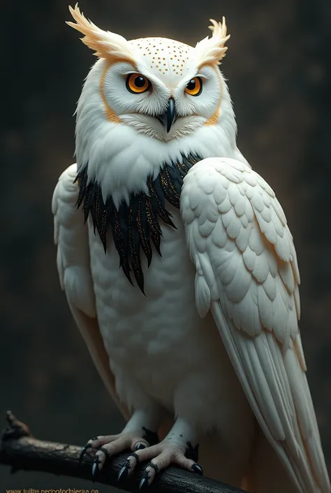 a white owl with black and gold effects giving the image of transcendental, increase the black effect and make the eyes look more serious, outline a black aura over the owl, with tickets to Dourado.
put more black effects on the chest 
