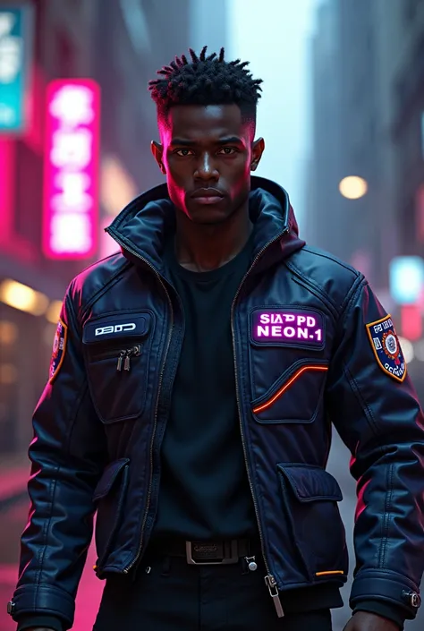 A 1 dark-skinned young man, with a Swat uniform, only instead of saying SWAT he says SPD-Neon-1
