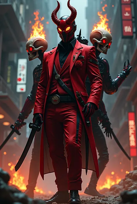 A landscape of Mexico/futuristic japan, at night with a man in a red suit with black lines, with a red mask and black masks with black eyes and red dots as well as 2 medium red horns with black touches (no ears), Black gloves with red buttons and black cap...