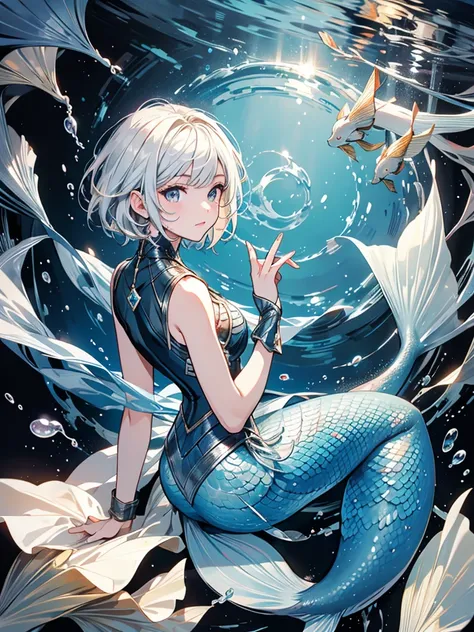 1 Boy, Short hairstyle, blond, silver eyes, Fish scales on hands, Mermaid, high quality