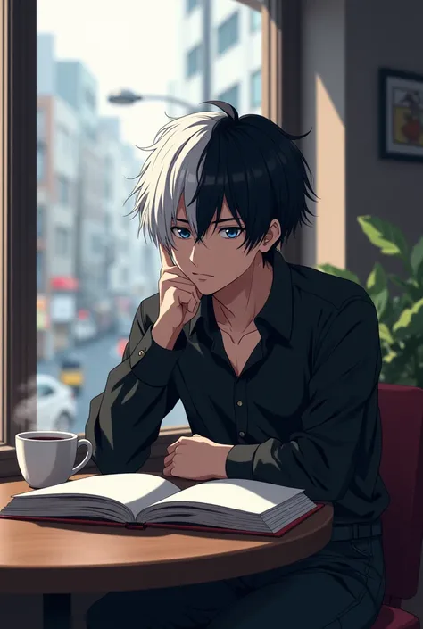  Ken Kaneki from Tokyo Ghoul sits at a table drinking coffee while looking out the window while holding an open book in front of him Anime, 