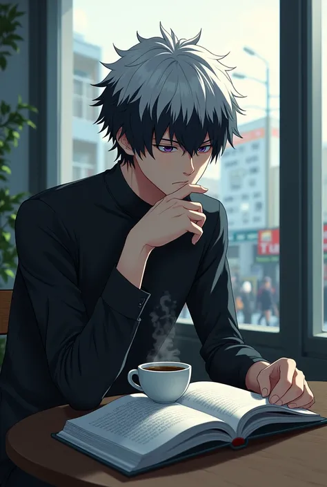  Ken Kaneki from Tokyo Ghoul sits at a table drinking coffee while looking out the window while holding an open book in front of him Anime, 