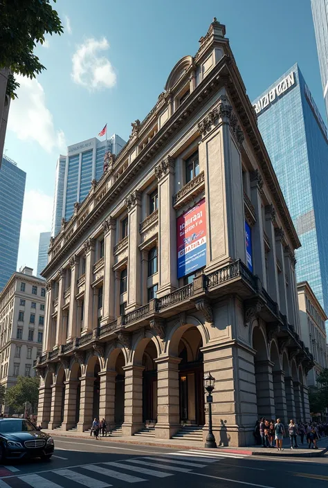 (photorealistic) building with a banner announcing the start of the NFL season, with the caption: starts on September 5th, written in Portuguese.