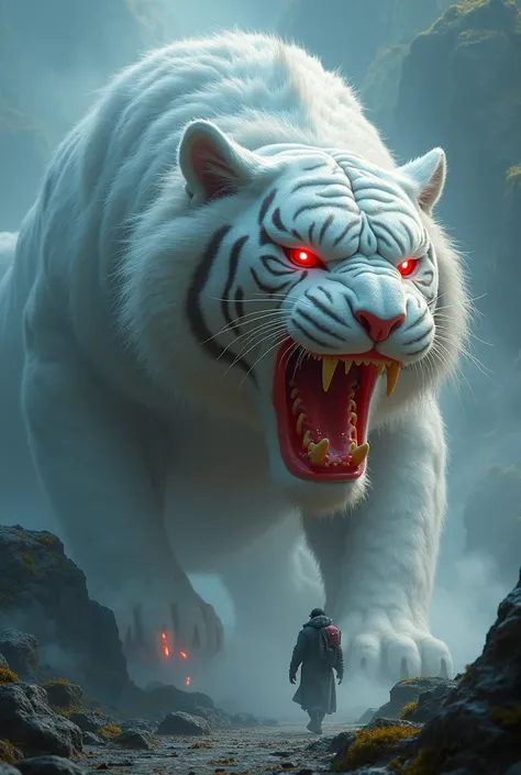 Chinese style，Chinese mythology，Le Tigre Blanc，Lujierche，enormous，very long canines, Le Ye Brilliant En Rouge，Effect de Rouer，Oat Collins，Brouillard Nouak，night，The middle shot scene is，Legion Entie Comme， Highly detailed, hyper-realistic VFX，OC Lendu， - A...