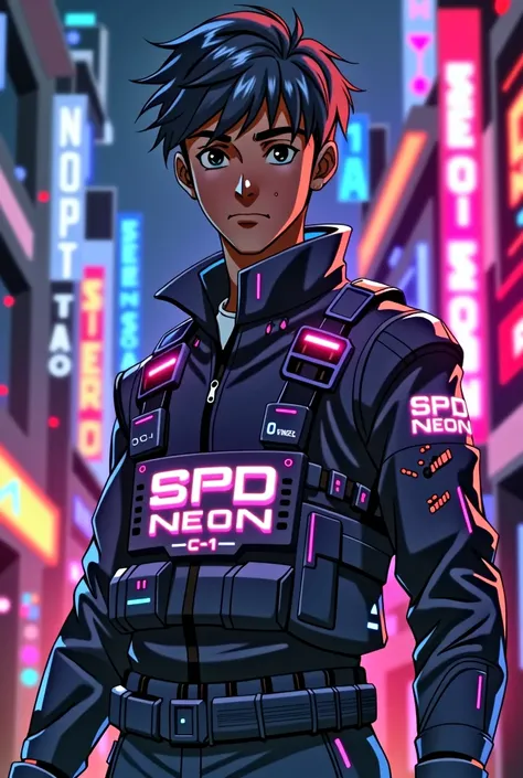 A 1 dark-skinned young man,with a SWAT uniform, only instead of saying SWAT it says SPD-Neon-1 but anime style
