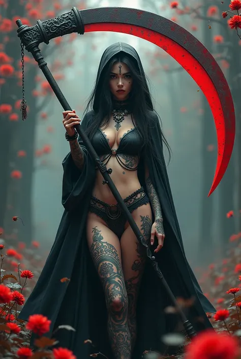 ((grim Reaper))、young woman、(Beauty)、Japanese、cute、1、Idol、韓国Idolの様にcute、Sexy Costumes、Belly button、Thighs、((He carries a scythe as big as he is.))、grim Reaperの鎌、Death Scythe、Background Higan Flower、Tattoos on the face、(best quality,4K,8k,highres,masterpiec...