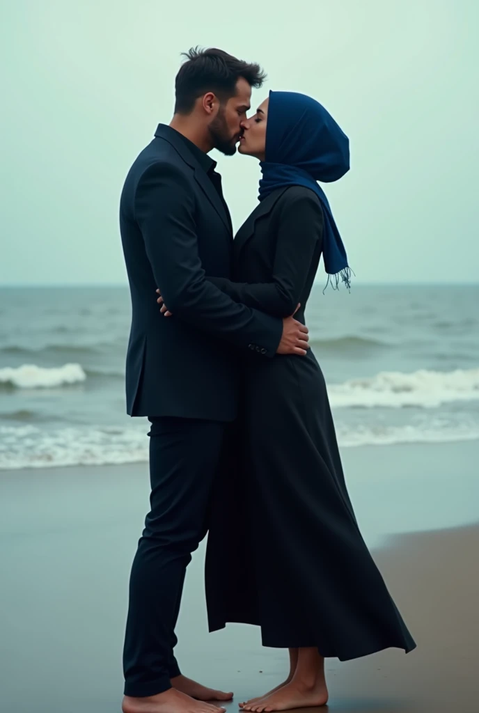 Navy blue headscarf on the beach, black long closed coat, barefoot, Sexy skinny woman kissing with man