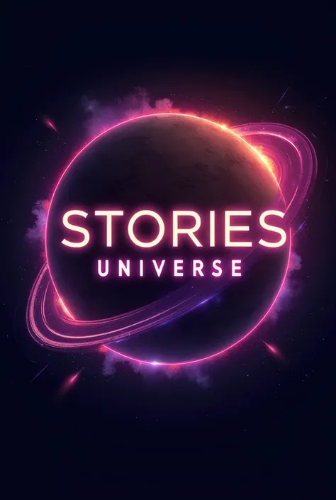 Create logo of Stories Universe, that has world and the stories universe is written on it , STORIES UNIVERSE written on galaxy and planet in slide way, make it simple in brown and purple neon color , in that picture add stories universe in capital letter a...