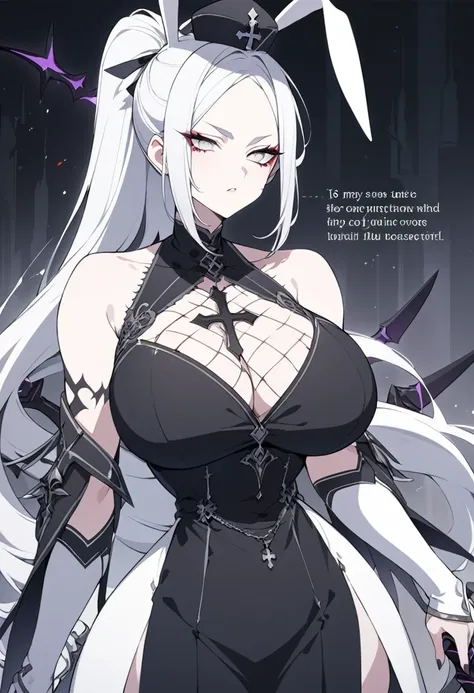 white Long Elegant Ponytail, black evade dress, White Bunny Ears, Caption General Cross Cap, white eyes makeup, Dual Dark evil sword, Neck Stitches, Tall, Bigger Chest, Thick Torso(beautiful detailed girl)