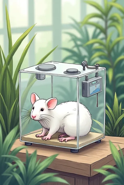 hand-drawn drawing of a white mouse in a transparent box having its pressure measured by telemetry in a vivarium