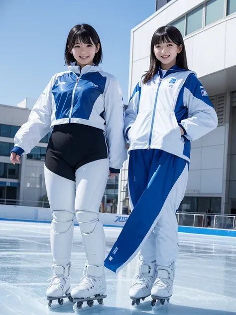 Japanese female android sisters,Black Hair,White and blue robot suit,Plump,Skating on an outdoor ice rink,smile,