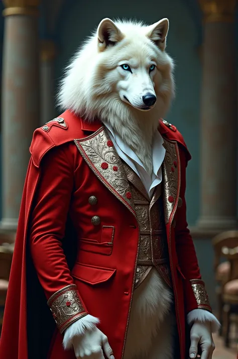 A big white wolf wearing a red and golden platinum suite and the color of eye is Blue 