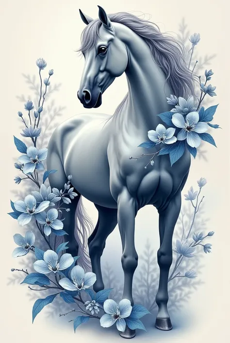 I want a unique and exclusive tattoo drawing, It should be a horse with a grey or white coat that has fuchsia-blue orchid flowers and white gardenia flowers around it.