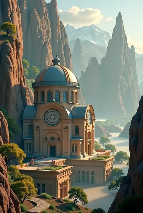 there is a large Ethiopian Orthodox Church building with hemispherical Dom that is built into the side of a mountain, intricate matte painting, matte painting of human mind, digital matte painting, ancient yet futuristic, elaborate matte painting, hyperdet...