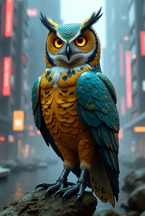 an owl with futuristic pear-effect fur 


