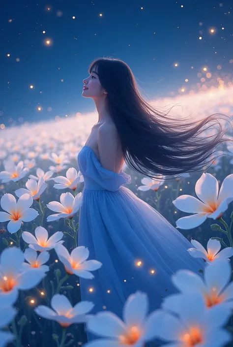 a vast white plumeria fields during the night, a fireflies and a woman wearing a blue dress and a long black wavy hair in the middle of it, light smile, looking up, beautiful anime