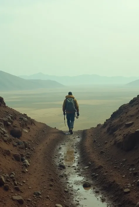 Man walking down mud slope, far away, in the center, left side has self made mine, in the plains, eastern island