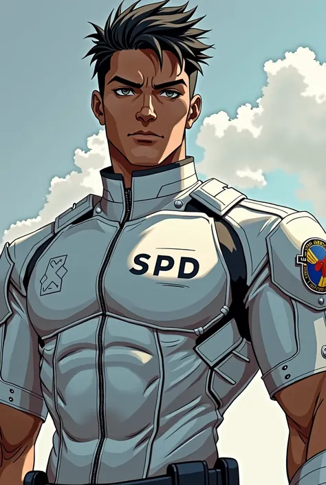 A 1 dark-skinned young man,with light Swat uniform only instead of saying SWAT it says SPD but anime style
