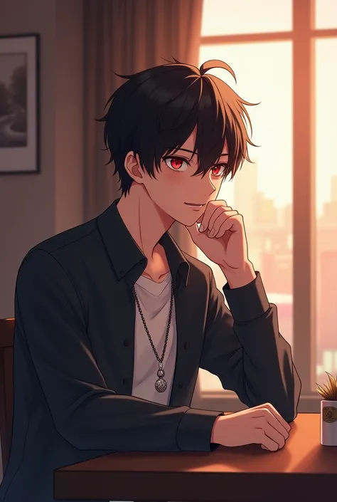 A young man in his twenties with black-brown hair, sharp red eyes and a slight smile as he sits at a table, drinking coffee while looking out the window while holding a necklace around his neck Anime, 