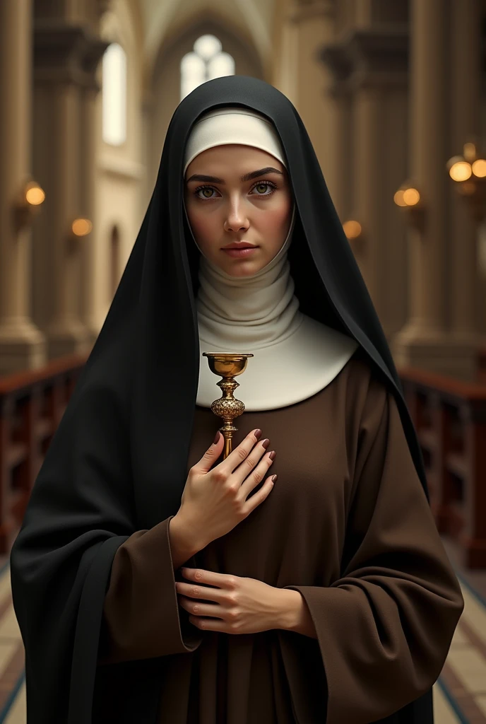 portrait of Saint Clare of Assisi in a Cathedral, nun, Damianite, white girl, young woman, wearing a brown habit covering her black hair, holding monstrance on her chest, clear facial features, cinematographic, photo shoot, filmed with a 25 mm lens, depth ...