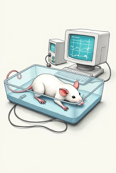 hand drawn drawing of a white mouse lying in a transparent box having its blood pressure measured by telemetry with wires attached to its tail in a laboratory, showing the computer