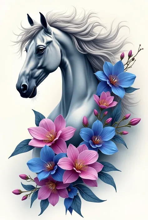 I want a unique and exclusive tattoo drawing, It is a horse with a grey or white coat that has fuchsia-blue orchid flowers around it and white gardenia flowers that merge with the Ferrari single-seater.