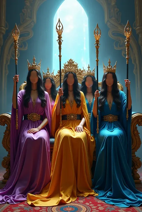 5 women dressed as witches, with a long tunic of different colors, with a setro in their hand, with their crown on their head, perched on a beautiful throne, behind her there is an open portal to another dimension.