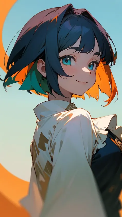 Portrait of one person、 girl、Ethnic patterned frilled blouse、Dark blue hair、Bob Hair、Green round eyes、Wicked Smile、Green and orange tones、anime painting、From the side、blue sky、Upper body close-up、Sharp contours