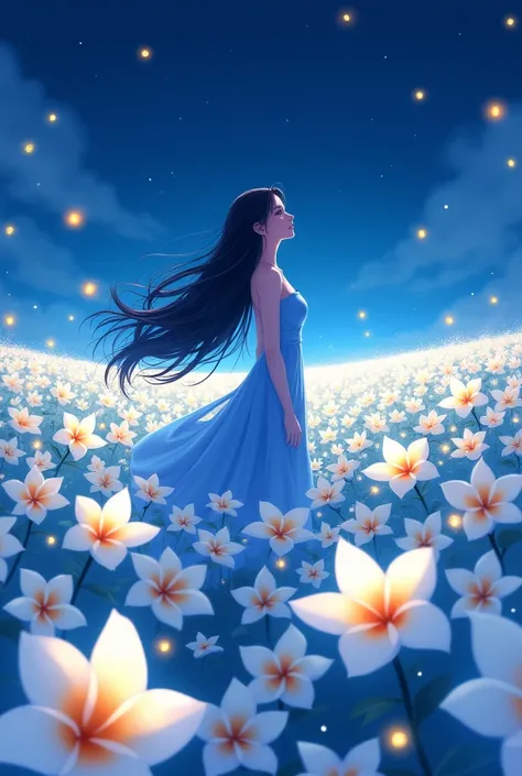 a vast plumeria fields during the night, a fireflies and a woman wearing a blue dress and a long black wavy hair in the middle of it, light smile, looking up, beautiful anime