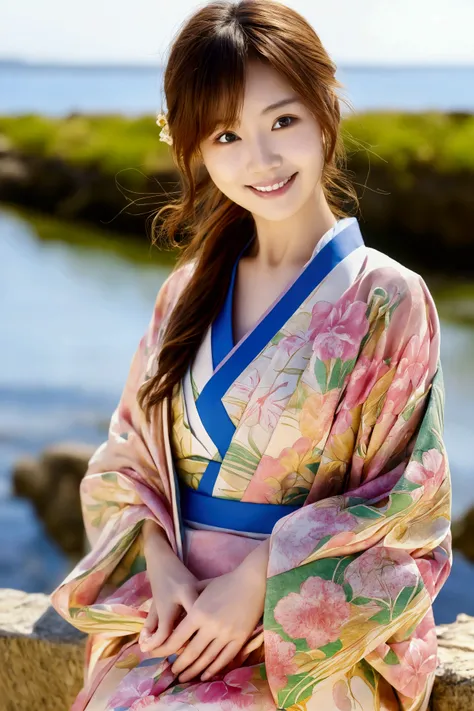 smile, Okinawa, Ryukyu, front, 最high quality、high quality、Best image quality、8k、最High resolution、High resolution、Realistic photos, Healthy body, Beautiful Eyes, flowing brown hair, Colorful kimono, Calm expression, Soft lighting, Traditional Japanese art s...