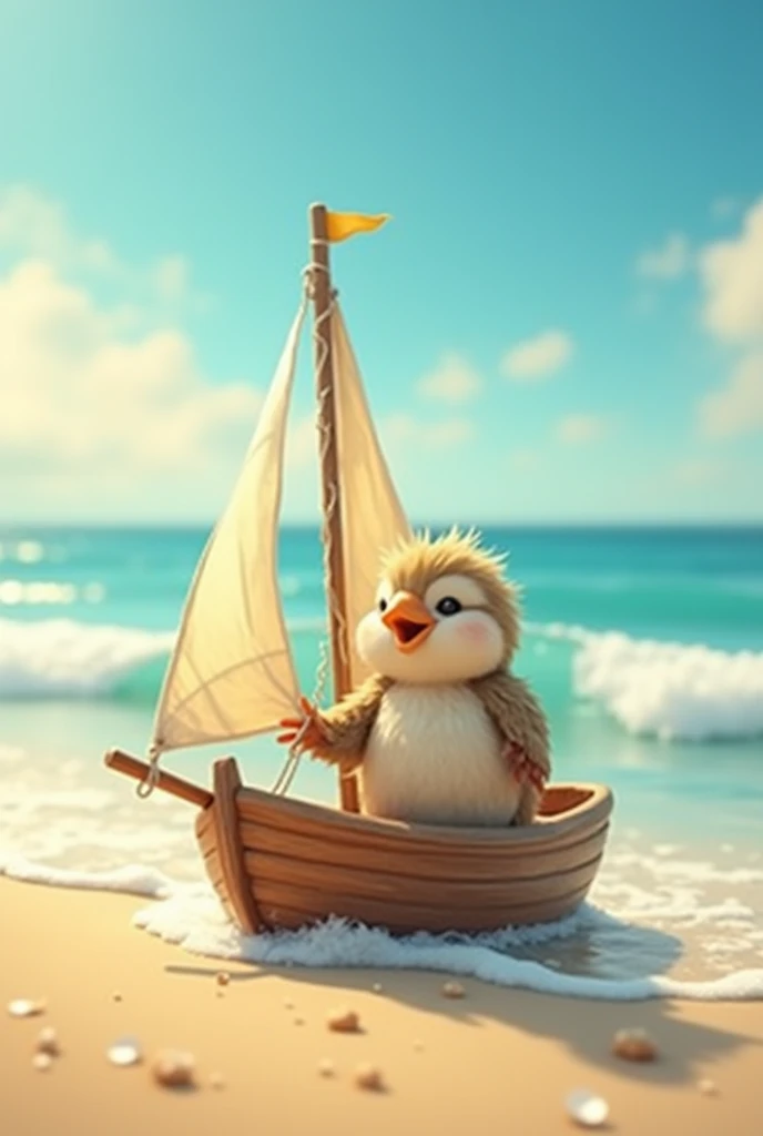 A little bird sailing a boat on the beach