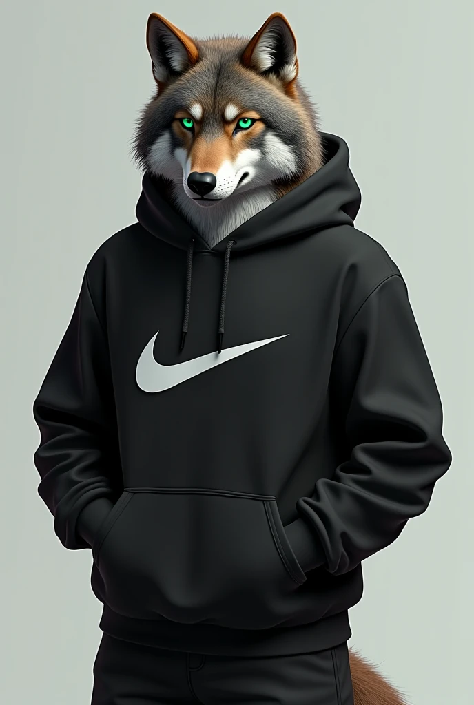 a wolf, anthropomorphic, greeneyes, black nike sweatshirt, Hands in sweatshirt pocket