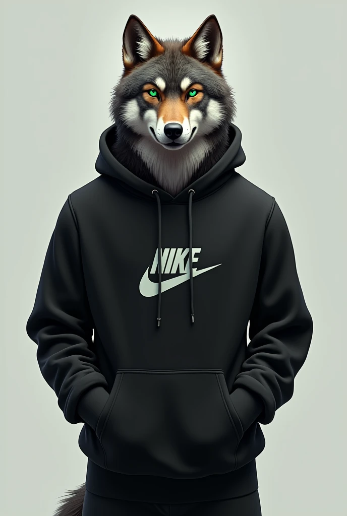 a wolf, anthropomorphic, greeneyes, black nike sweatshirt, Hands in sweatshirt pocket