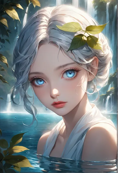 waterfall scenery, bright canvas, The waves are swirling, Transparent holographic reflection, Surreal landscape created by water droplets, Leaves viewers speechless, A beautiful world, 1 british woman, detailed eyes, detailed lips, very detailed face, long...