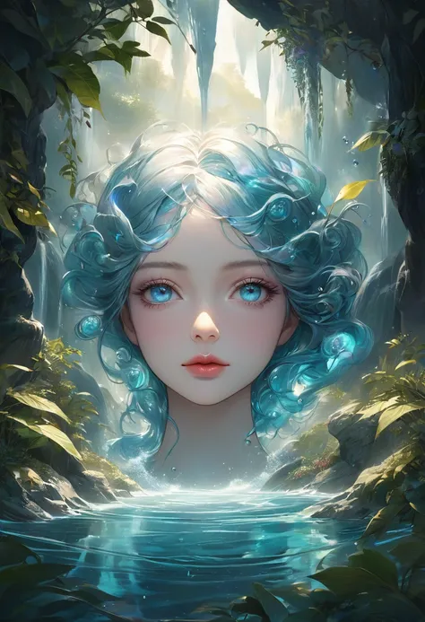 waterfall scenery, bright canvas, The waves are swirling, Transparent holographic reflection, Surreal landscape created by water droplets, Leaves viewers speechless, A beautiful world, 1 british woman, detailed eyes, detailed lips, very detailed face, long...